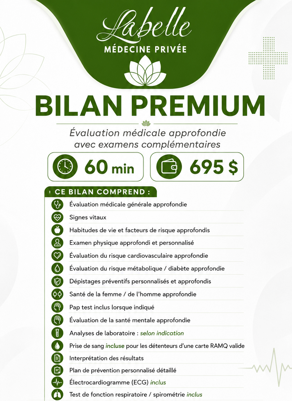 Bilan de santé. Bilan de santé privé. Bilan de santé Laval. Bilan de santé Montréal. Tarif bilan de santé. Bilan médical