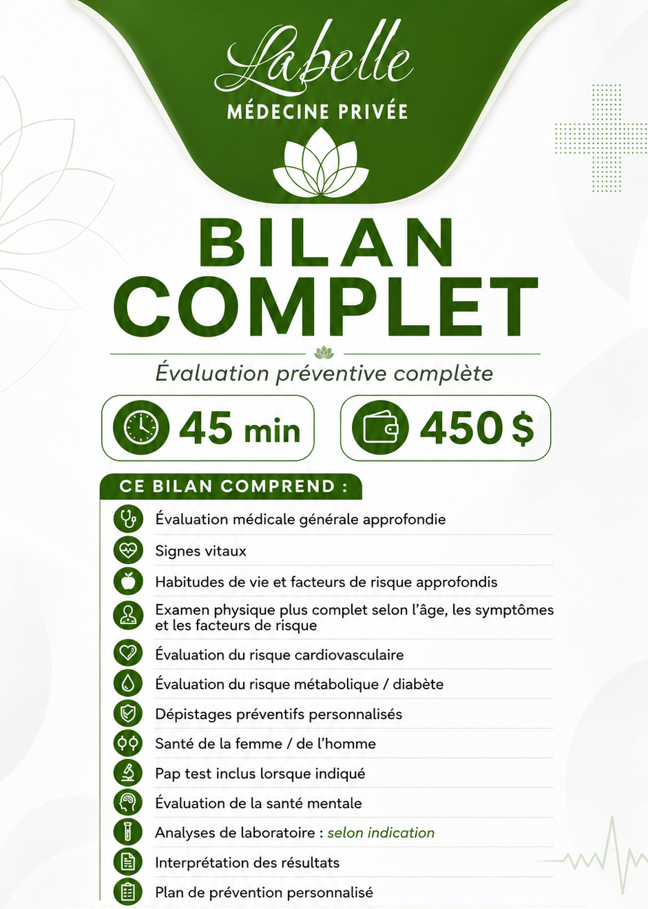 Bilan de santé complet. Bilan de santé privé. Bilan de santé Laval. Bilan de santé Montréal. Tarif bilan de santé. Bilan médical