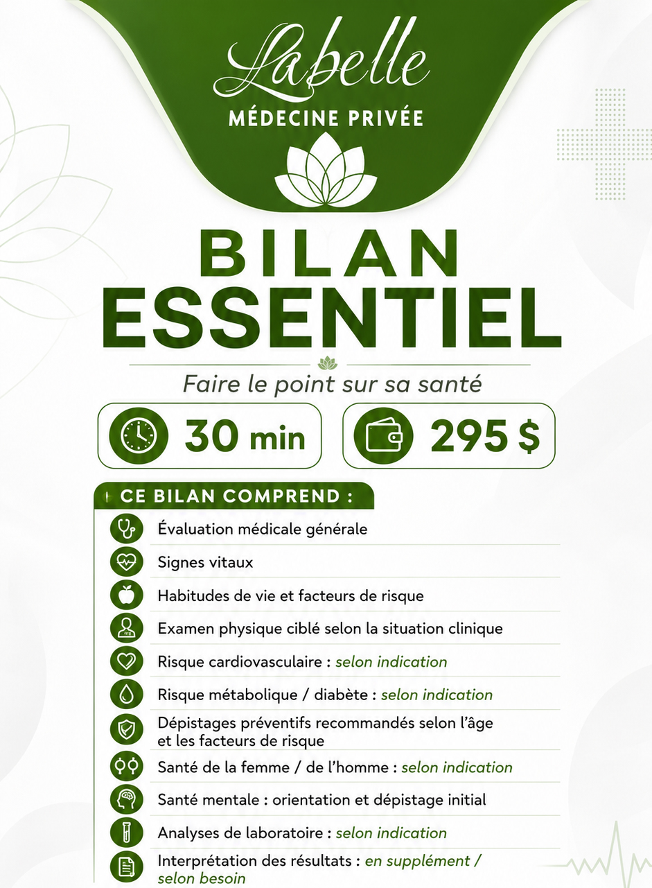 Bilan de santé essentiel. Bilan de santé privé. Bilan de santé Laval. Bilan de santé Montréal. Tarif bilan de santé. Bilan médical