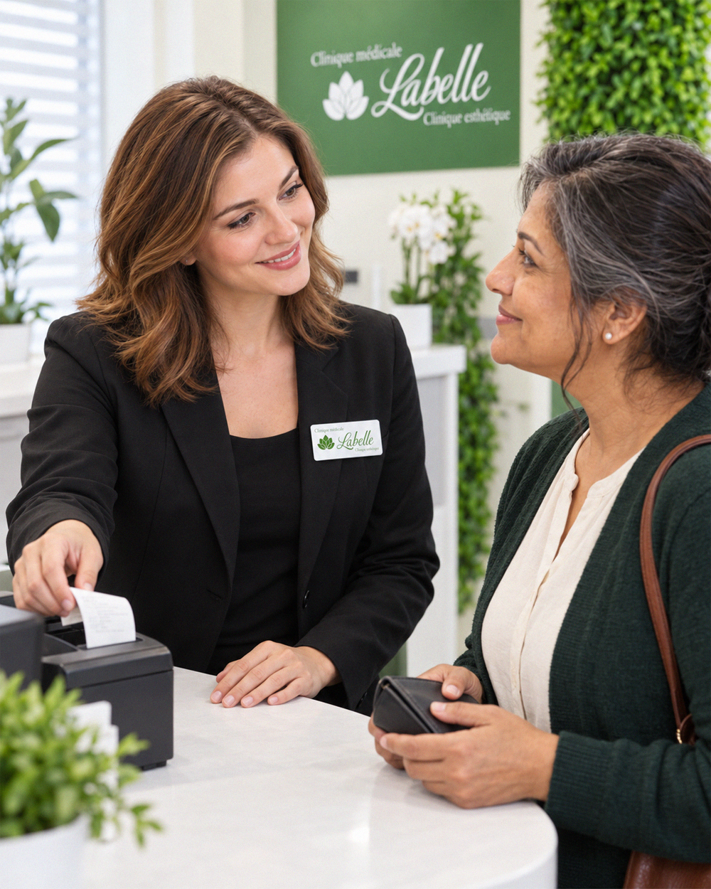A patient making a card payment at the reception of the LABELLE Aesthetic Medical Clinic in Laval following a low-priced neuromodulator treatment.