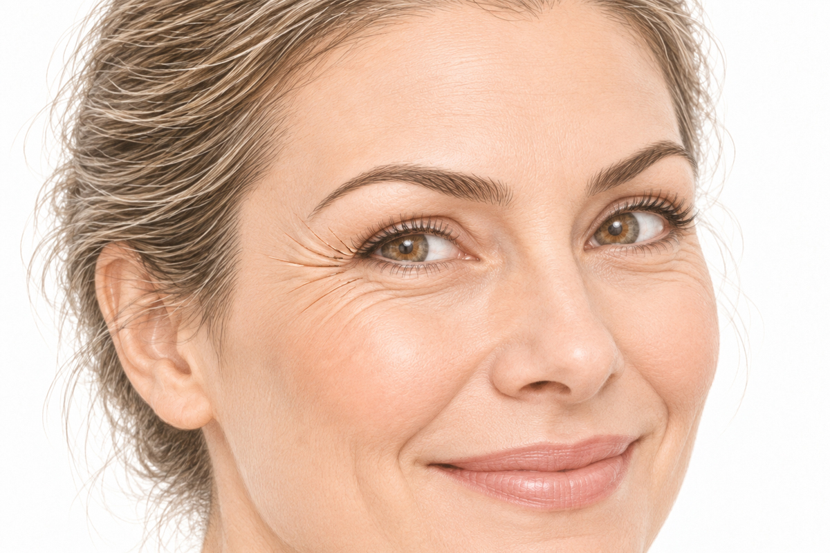 Crow’s feet and cheeks lifting when a woman smiles - wrinkle treatment for the corners of the eyes in Montreal or Laval