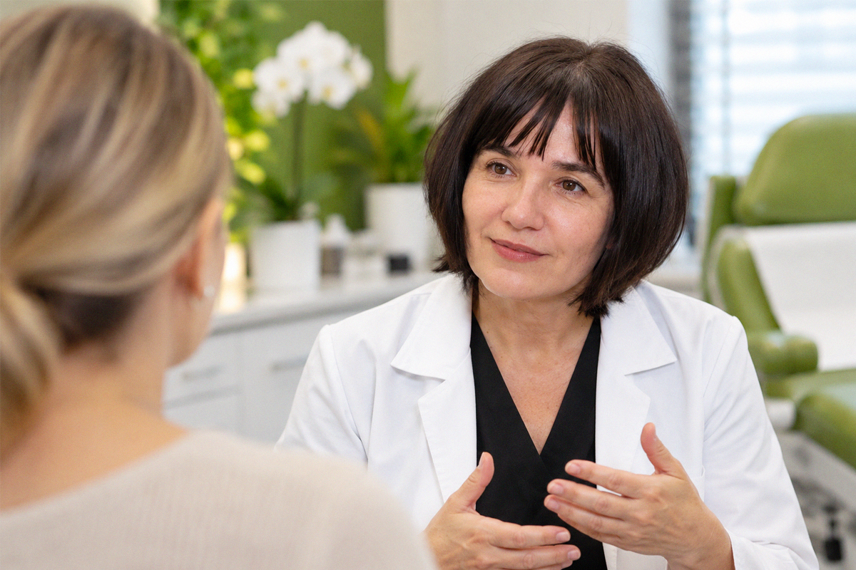 Doctor and patient during a consultation for excessive sweating at the LABELLE Aesthetic Medical Clinic in Laval before neuromodulator treatment with injections