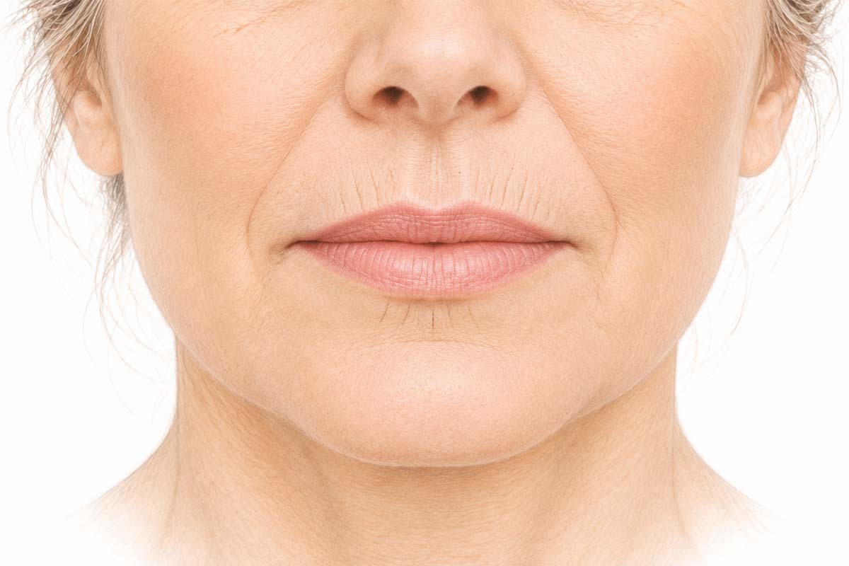 Front view illustrating the slightly downturned corners of the mouth the folds at the corners of the mouth and the small depressions on the chin before neorumodulator treatment in medical clinic in Laval or Montreal