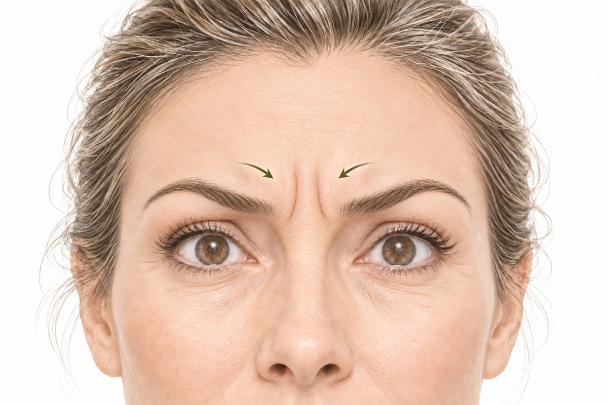 Female face with furrowed brows, showing vertical lines between the eyebrows during a neuromodulator consultation at a Laval clinic or prior to frown line treatment in the Greater Montreal area.