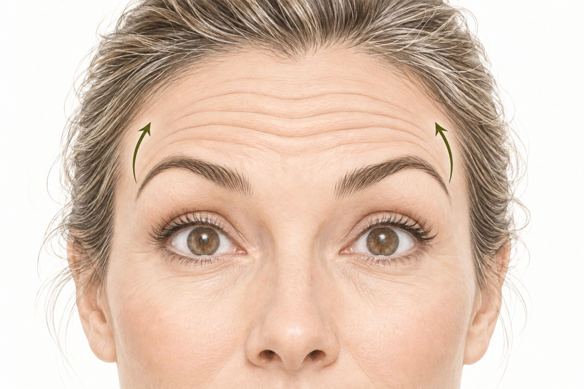 Horizontal forehead lines on a woman raising her eyebrows, before neuromodulator injections at a clinic in Montreal or Laval.