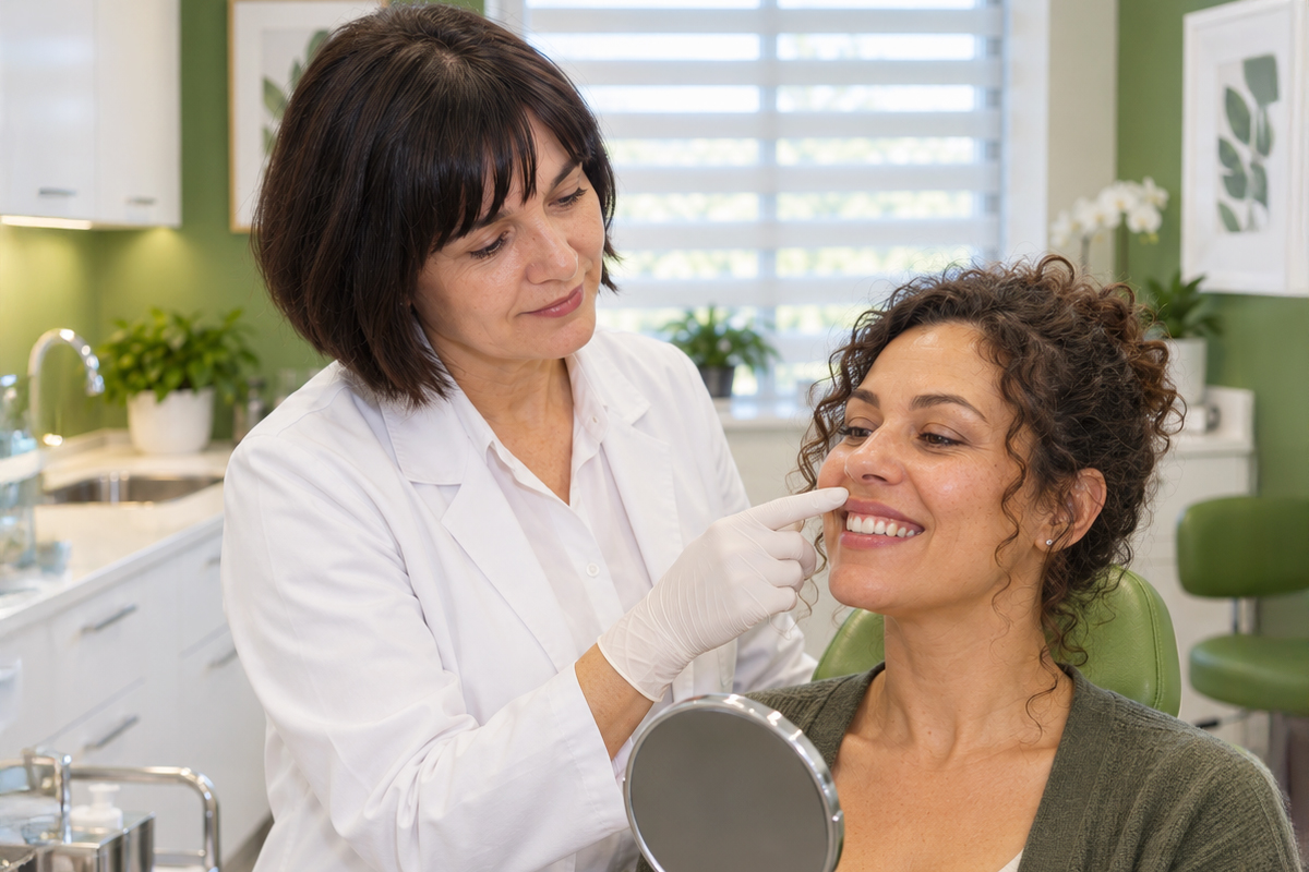 Médecin évaluant la lèvre supérieure d’une patiente souriante tenant un miroir avant un traitement par neuromodulateurs, dans une clinique esthetique a Laval ou Montréal
