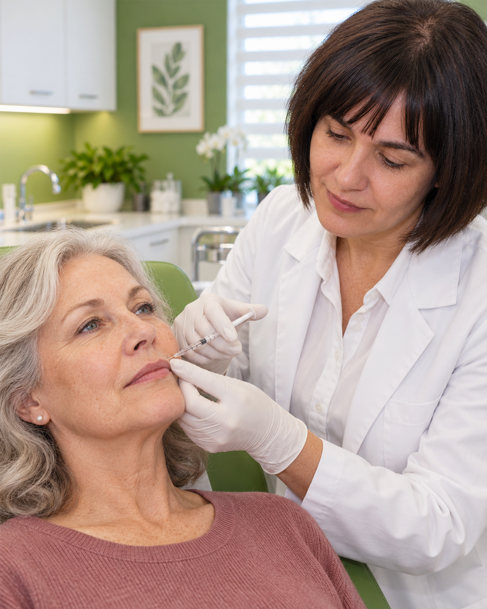 Médecin réalisant une injection de neuromodulateur près de la lèvre supérieure lors d’un lip flip ou dans le cadre d’un traitement du sourire gingival dans une clinique à Laval et dans la grande région de Montréal