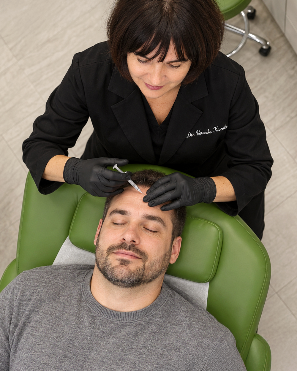 Neuromodulator injection treatment performed by a doctor on a patient's forehead and eyebrows at the LABELLE Clinic in Laval.