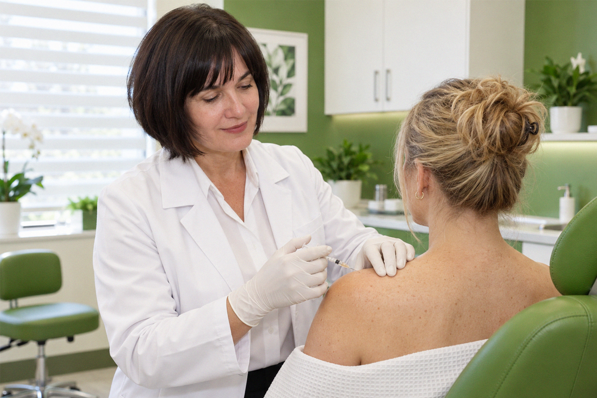 Neuromodulator injections into the trapezius muscles during a TrapTox treatment