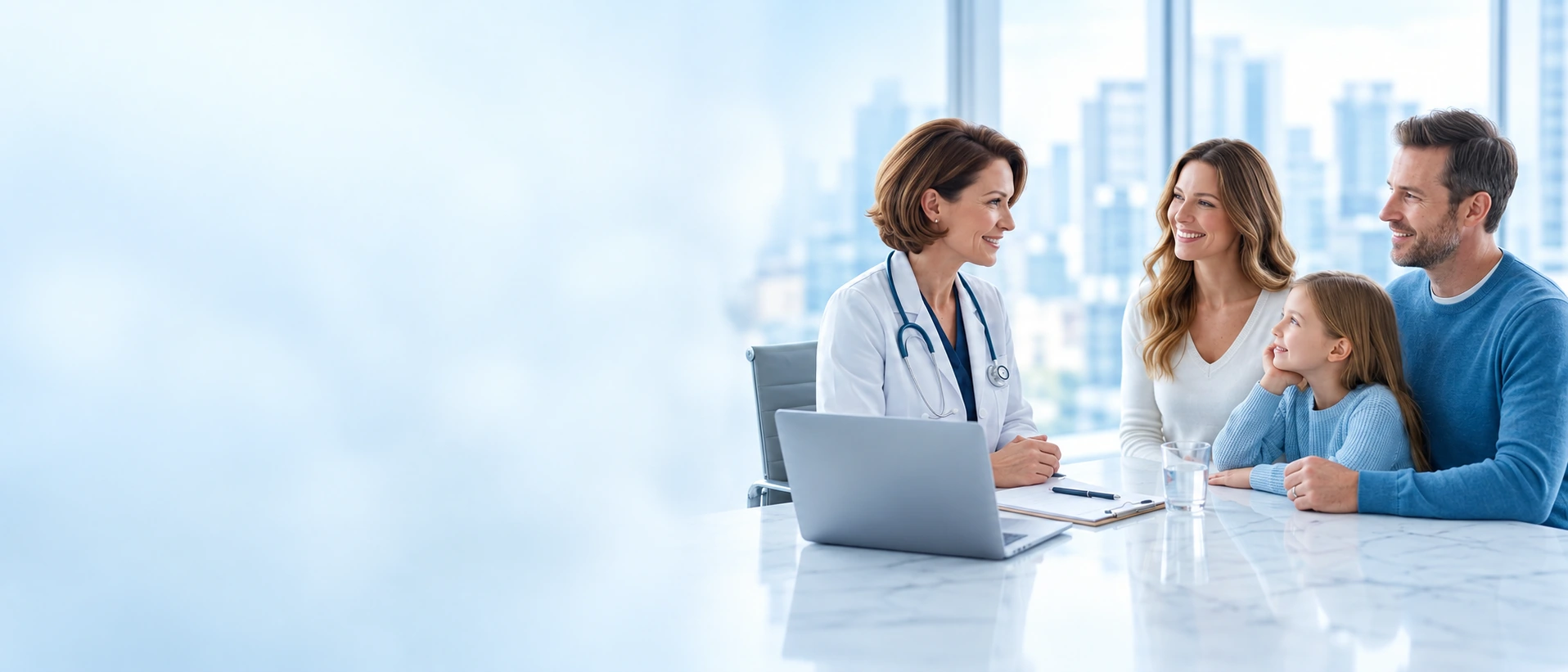 Illustration d’une consultation entre une médecin et une famille dans une clinique lumineuse.