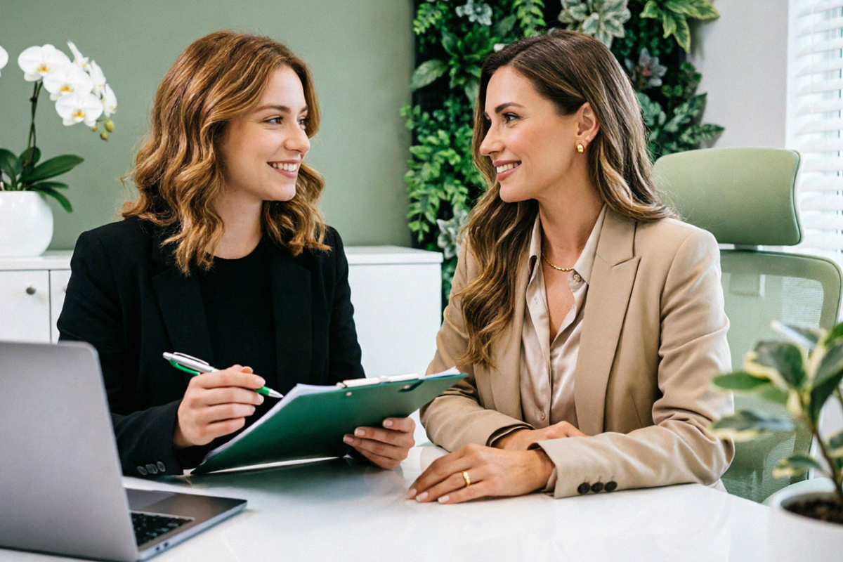 Private clinic consultation regarding pricing for private family medicine and aesthetic services in Laval or Montreal: a professional from Clinique LABELLE explains service prices to a client.