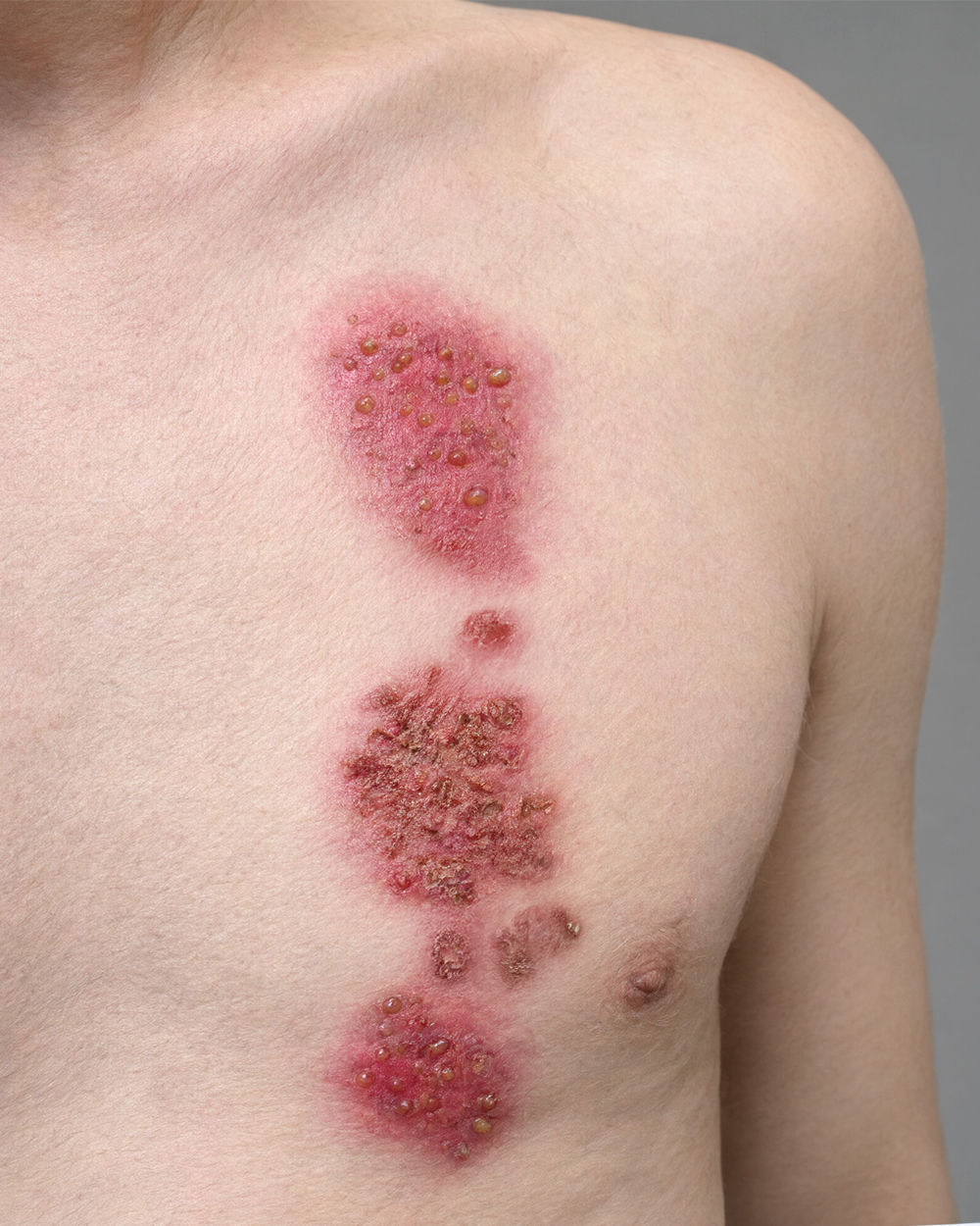 Shingles is a reactivation of the chickenpox virus, often causing a painful rash on one side of the body. Blisters may appear on the skin. A prompt assessment allows for confirmation of the diagnosis and discussion of treatment.